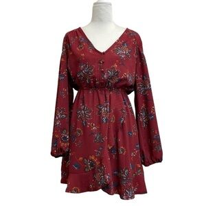 Miss Me Red & Metallic Floral Print Puff Sleeve Mini Dress